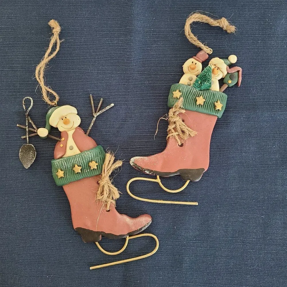 Vintage Winter Ice Skates With Snowman Christmas Ornaments Set of Two
